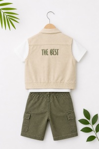 Set bebe baiat 3 piese tricou vesta si pantaloni scurti cargo casual - Img 5
