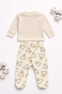 Set bebe baiat 3 piese ursulet bluza pantaloni si caciulita crem verde - Img 3