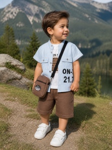 Set bebe baiat 4 piese tricou camasa pantaloni scurti si geanta casual vara