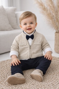 Set bebe baiat elegant camasa papion cardigan bej pantaloni bleumarin