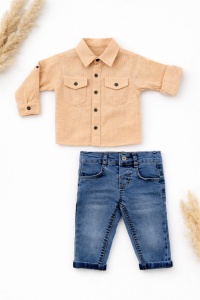 Set bebe baieti camasa maro si blugi compleu copii baiat elegant 2 piese - Img 2