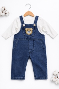 Set bebe baieti salopeta denim cu ursulet si bluza alba cu maneca lunga - Img 3