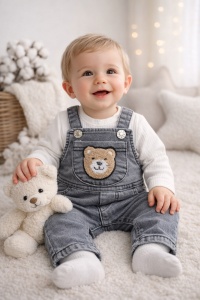 Set bebe baieti salopeta denim gri cu ursulet si bluza cu maneca lunga haine bebe