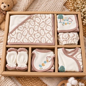 Set bebe din bumbac 10 piese, crem si maro, model ursulet Teddy Bear - Img 2