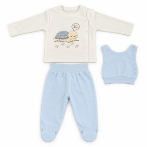 Compleu bebe alb si bleu cu bluza cu ursulet si pantaloni, fotografie de produs pe fundal alb