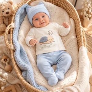 Set bebe din bumbac 3 piese cu broscuta testoasa bleu si pantaloni cu botosei