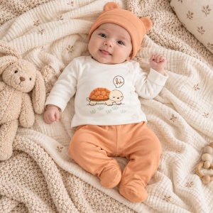 Set bebe din bumbac 3 piese cu broscuta testoasa, pantaloni cu botosei si caciulita portocalie