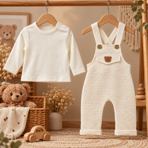 Set bebe din bumbac cu salopeta tip overall si bluza cu maneca lunga, crem - Img 2