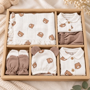 Set bebe din muselina 10 piese, alb cu maro, imprimeu ursuleti - Img 2