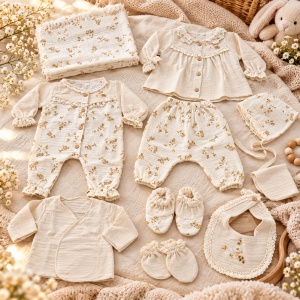Set bebe din muselina 10 piese, crem cu imprimeu floral delicat