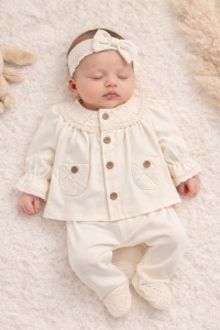 Set bebe fete 3 piese crem elegant bluza dantela pantaloni bentita