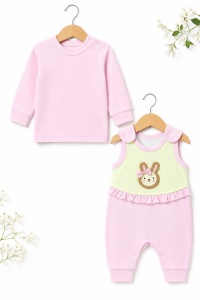 Set bebe fetita 2 piese roz cu salopeta si bluza iepuras din bumbac - Img 2