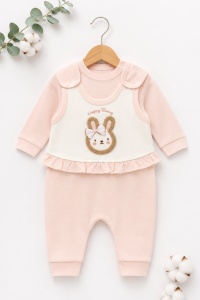 Set bebe fetita 2 piese roz pudra cu salopeta iepuras si bluza din bumbac - Img 3