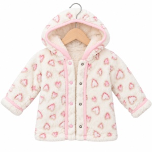 Set bebe fetita 3 piese cu jacheta pufoasa cu inimioare, bluza si pantaloni roz - Img 5