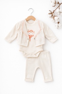 Set bebe fetita 3 piese din bumbac body pantaloni si jacheta eleganta cu broderie - Img 3