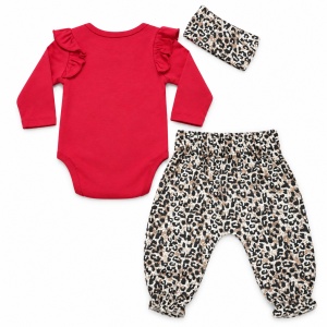 Set bebe fetita 3 piese din bumbac, body rosu, pantaloni animal print si bentita - Img 5