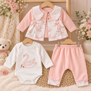 Set bebe fetita 3 piese din bumbac cu body lebada, cardigan catifelat si pantaloni roz - Img 2