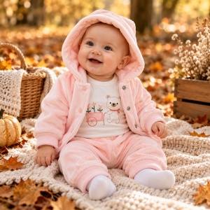 Set bebe fetita 3 piese roz cu body ursulet si hanorac cu gluga