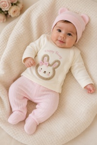 Set bebe fetita 3 piese roz din bumbac cu bluza pantalon si caciulita happy bunny