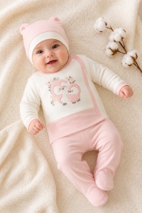 Set bebe fetita 3 piese roz din bumbac cu bluza pantalon si caciulita model pinguin