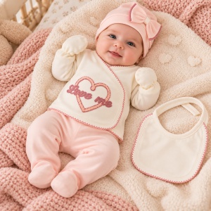 Set bebe fetita 5 piese bumbac crem si roz, Love Me, pantaloni cu botosei integrati