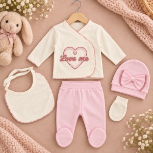 Set bebe fetita 5 piese bumbac crem si roz, Love Me, pantaloni cu botosei integrati - Img 2