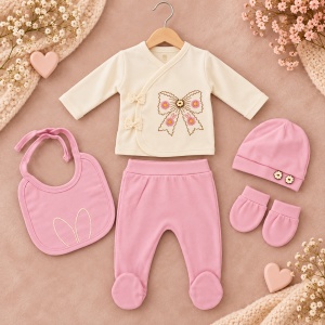 Set bebe fetita 5 piese bumbac crem si roz pudrat, fundita brodata, pantaloni cu botosei integrati - Img 2