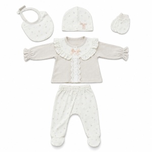 Set bebe fetita 5 piese din bumbac cu volane, dantela si imprimeu floral delicat - Img 4
