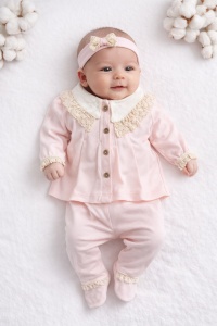 Set bebe fetita bumbac roz 3 piese cu dantela bluza pantaloni si bentita eleganta