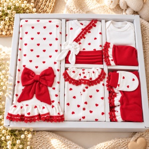 Set bebe fetita din bumbac 10 piese, alb si rosu, model cu inimioare - Img 2