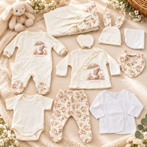 Set bebe fetita din bumbac 10 piese, crem cu flori roz si iepuras