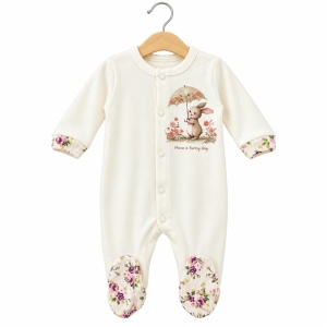 Set bebe fetita din bumbac 10 piese, crem cu imprimeu floral si iepuras - Img 4