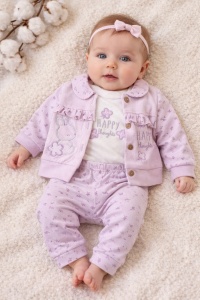 Set bebe fetite lila 3 piese body bluza si pantaloni iepuras
