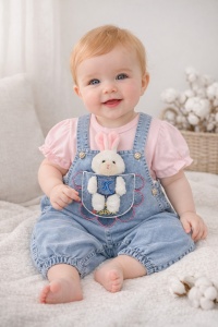 Set bebe fetite salopeta denim cu iepuras si tricou roz, haine bebelusi