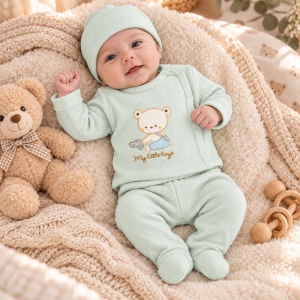 Set bebe vernil din bumbac 3 piese cu ursulet si pantalonasi cu botosei integrati