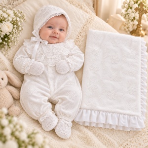Set botez fetita Royal Lace 5 piese alb, salopeta cu dantela si interior din bumbac