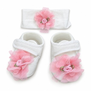 Set cadou mama si bebe cu papuci, botosei si accesorii florale roz, marimea 36 si 3-6 luni - Img 3