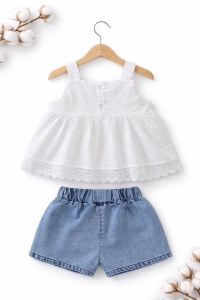 Set fetite vara bluza alba cu inimioare si pantaloni scurti denim, casual chic - Img 3