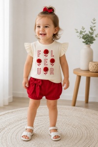 Set haine bebe fete 2 piese bumbac premium – tricou cu volanase si pantaloni rosii flower