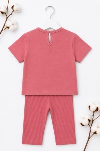 Set haine bebe fete 2 piese bumbac premium – tricou si pantaloni roz pudra cu fundite - Img 3