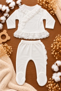 Set nou nascut 10 piese bumbac alb cu dantela, paturica, salopeta, body si accesorii - Img 3