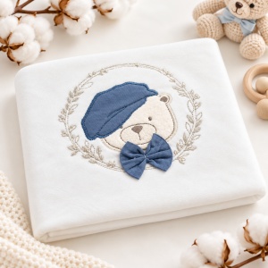 Set nou nascut 10 piese bumbac alb cu ursulet bleu, paturica, body, pantaloni si accesorii - Img 3