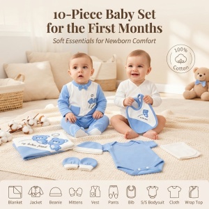 Set nou nascut 10 piese bumbac, bleu alb, ursuleti, paturica, body si accesorii bebe - Img 6