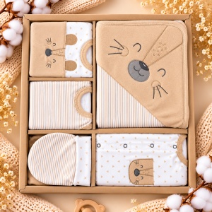 Set nou nascut 10 piese bumbac organic, paturica, body, bluzite, pantaloni si accesorii, maro - Img 3