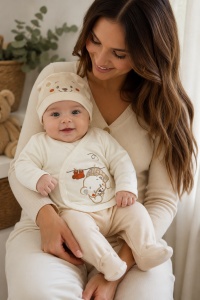 Set nou nascut 10 piese din 100% bumbac Bath Time ivoire si bej cu paturica, prezentare in decor
