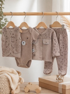 Set nou nascut 10 piese din 100% bumbac maro cappuccino cu paturica si imprimeu ursulet, prezentare in decor