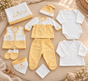 Set nou nascut 10 piese din bumbac, alb galben, margarete, paturica si accesorii
