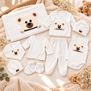 Set nou-nascut 10 piese din bumbac organic cu paturica, body si accesorii, model ursulet, alb crem