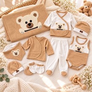 Set nou-nascut 10 piese din bumbac organic cu paturica, body si accesorii, ursulet, maro caramel