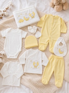 Set nou-nascut 10 piese Happy Bear galben, 100% bumbac pentru bebelusi